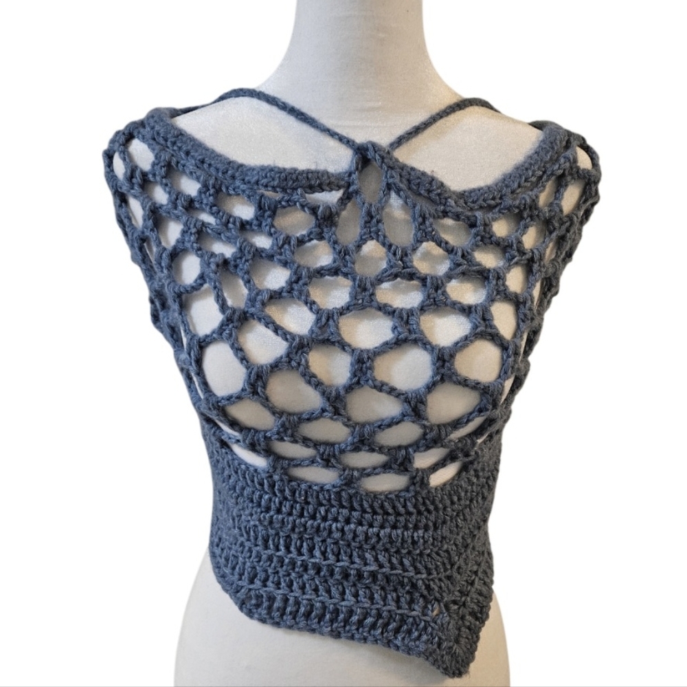 Handmade 4 ways Crochet Summer Top One-of-a-kind Blue Fishnet Bikini Crop-Top - Picture 8 of 17